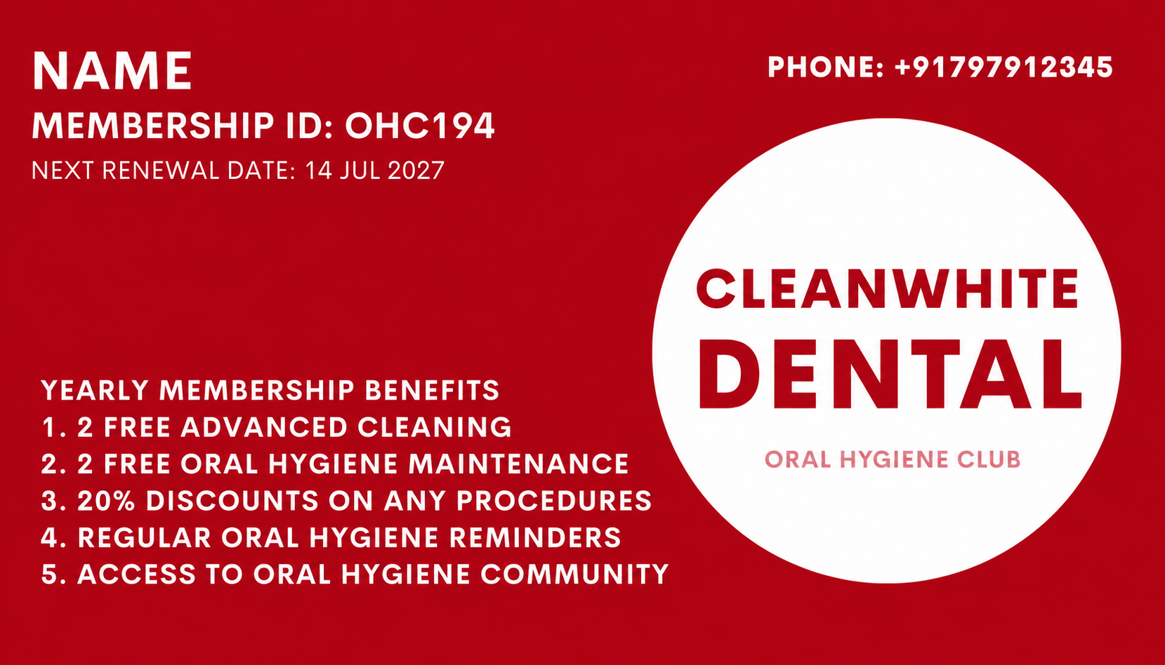 Cleanwhite Dental Oral Hygiene Club Membership Card Sample